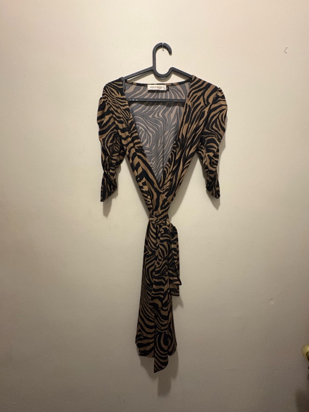 Veronica M Zebra-Stripe Animal Print Silky Wrap Dress 3/4 sleeve